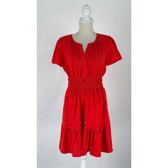Tahari Arthur S Levine Short Sleeve Tiered Mini Dress Poppy Red Womens Small New - Picture 2 of 11